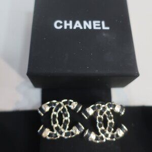 NWOT Authentic Chanel Black Gold Interlocked CC Logo Leather Strap Stud Earrings